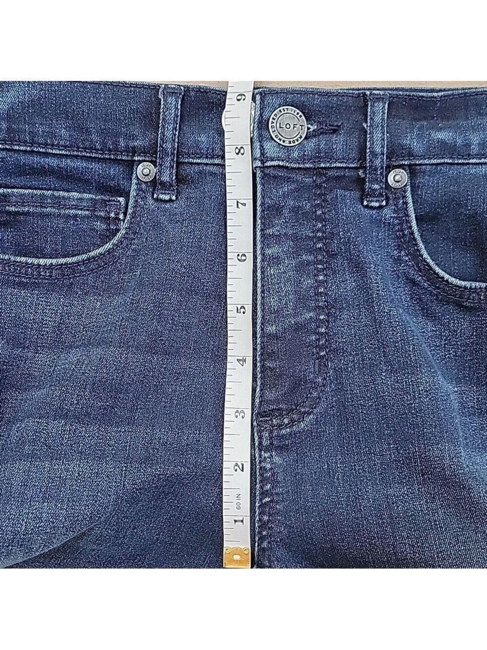 LOFT Dark Blue Skinny Jeans with Red Velvet Side Embellished Size 26/2 EUC - Picture 8 of 12